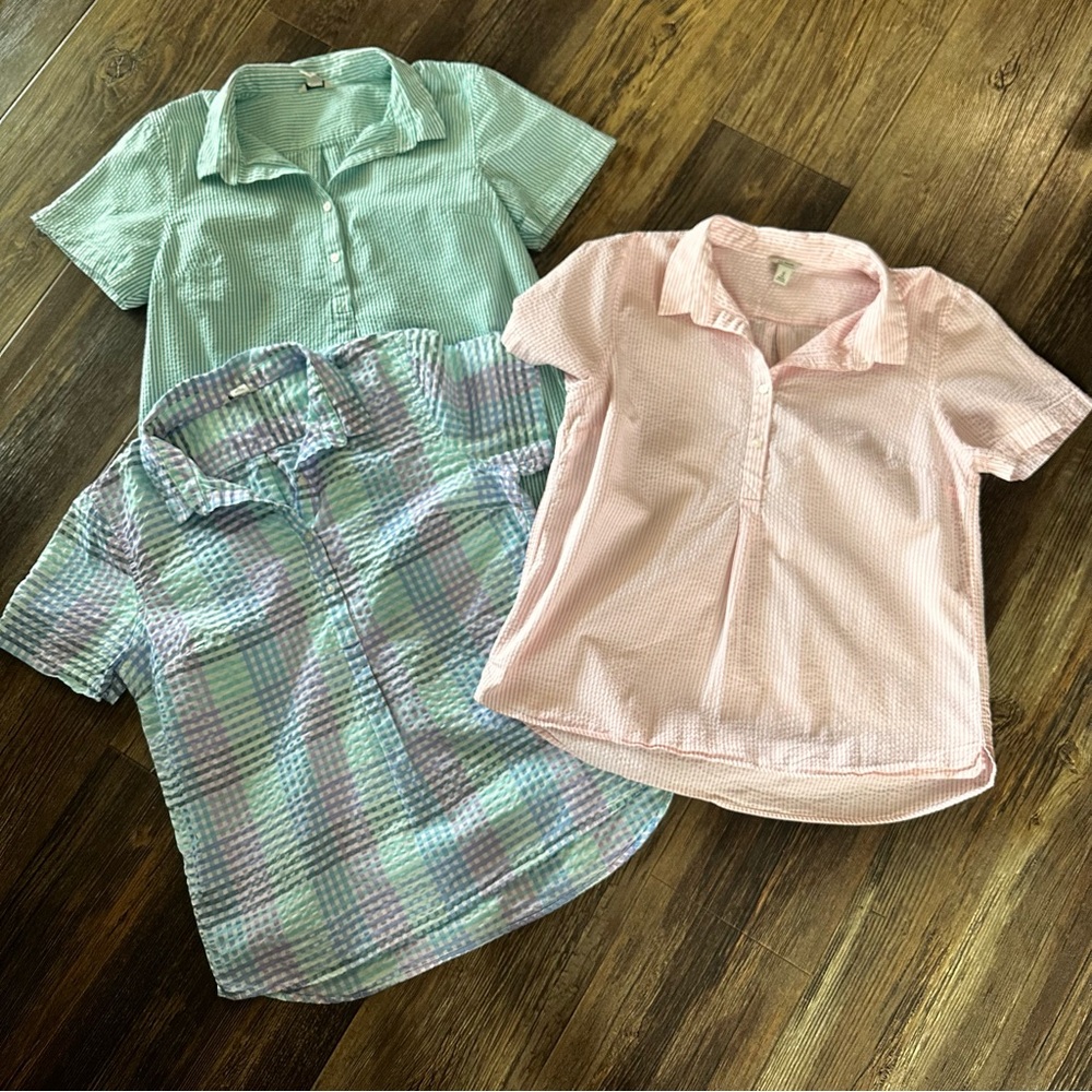 L.L. Bean Women's Short-Sleeve Seersucker Tops in Mint, Pink, and Pastel Plaid